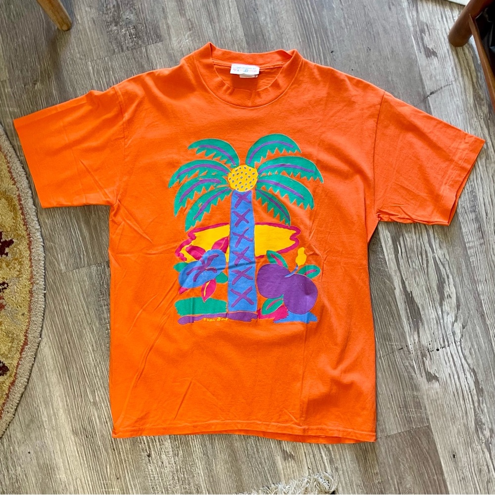 Vintage 1980s Art to Wear Ken Done Palm Tree Graphic Print Single-Stitch T-Shirt